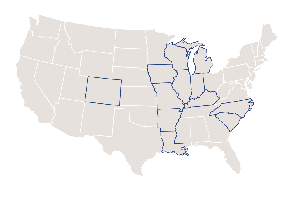 Map of the US showing Colorado, Iowa, Missouri, Arkansas, Louisiana, Wisconsi, Michigan, Illinois, Indiana, Kentucky, North Carolina, and South Carolina highlighted.