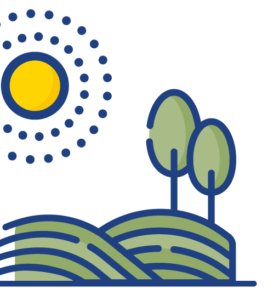 Illustrated icon of sun, fields and trees