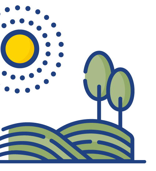 Illustrated icon of sun, fields and trees