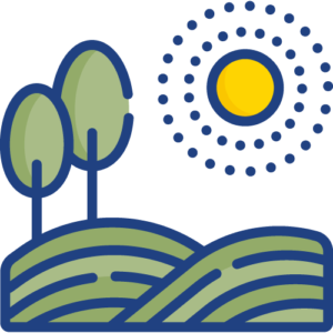 Illustrated icon with trees, sun and field